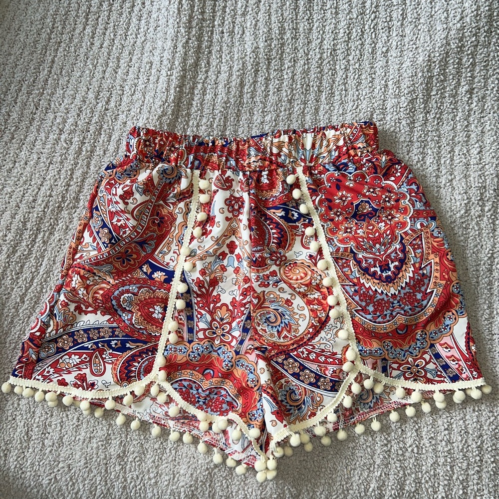 Paisley Print Women's Shorts with Pom Pom Trim